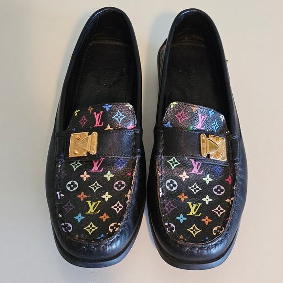 Louis Vuitton Shoes - Louis Vuitton Multicolore Monogram LV Black Oxford Loafers with Gold Lock